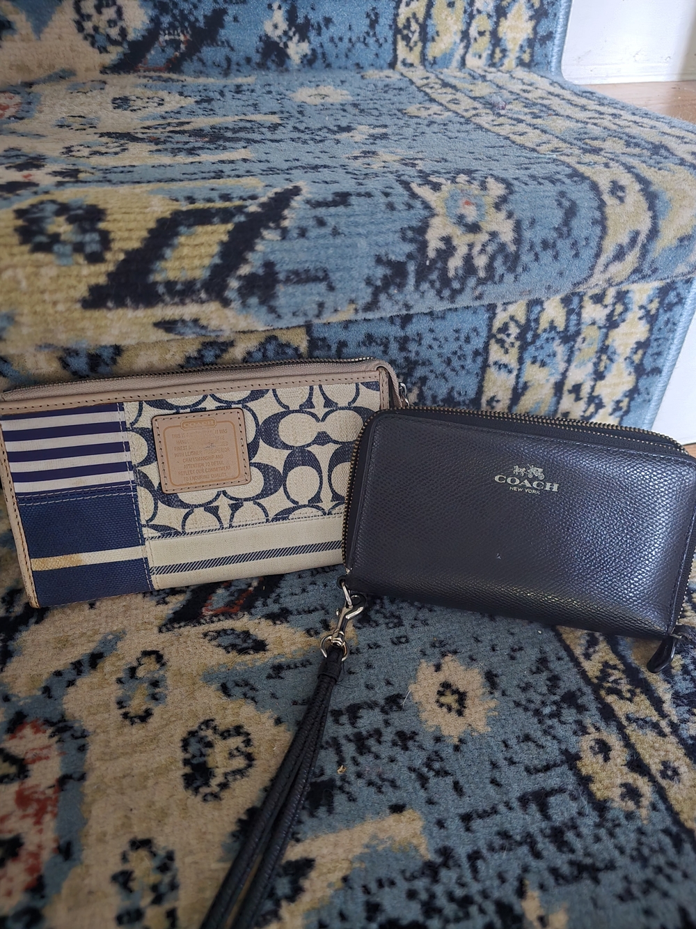 Coach Black Leather Zip Wristlet and Navy Patterned Wallet Set
